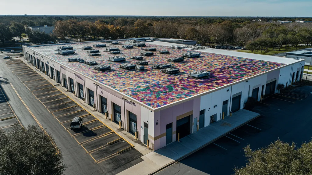 A commercial roof on a distribution center in a location similar to Charleston with a mosaic tile art aesthetic (AI image)