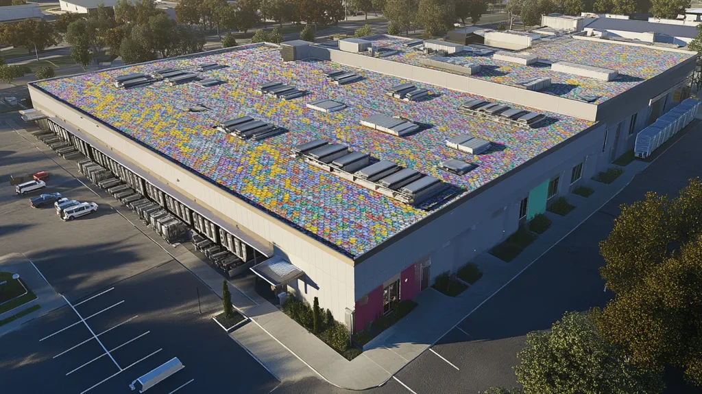 A commercial roof on a distribution center in a location similar to Charleston with a mosaic tile art aesthetic (AI image)