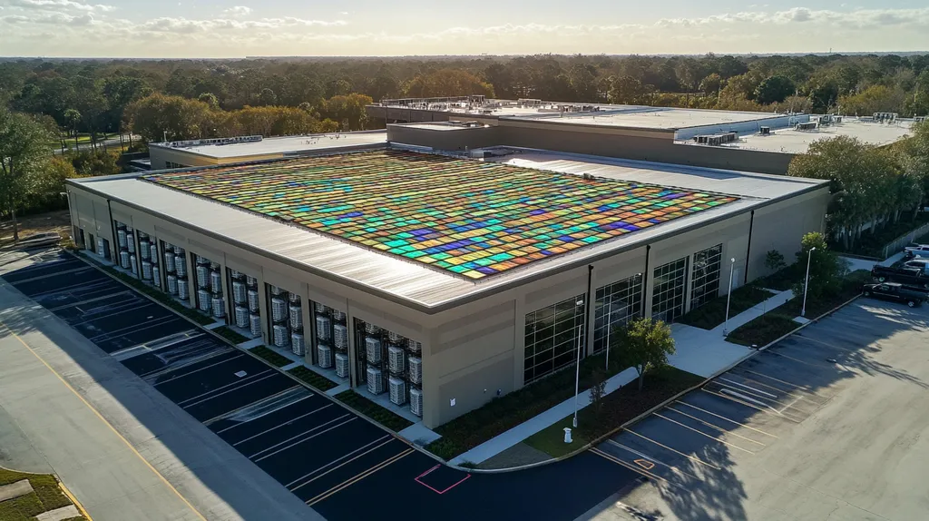 A commercial roof on a distribution center in a location similar to Charleston with a stained glass style aesthetic (AI image)