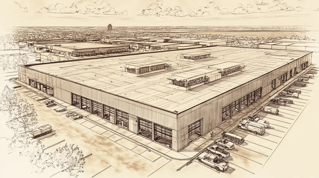 A commercial roof on a distribution center in a location similar to Chicago with an architectural sketch rendering aesthetic (AI image)