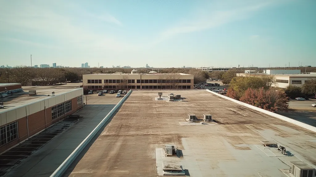 A commercial roof on a factory in a location similar to Dallas with a Polaroid aesthetic (AI image)