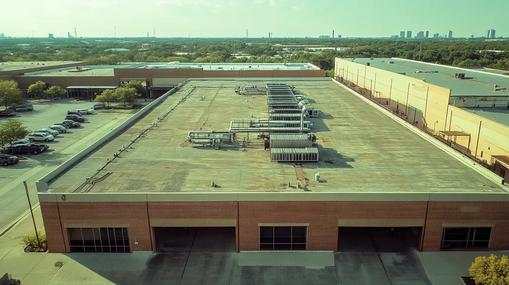A commercial roof on a factory in a location similar to Dallas with a Polaroid aesthetic (AI image)