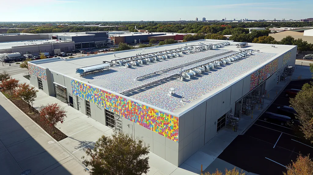A commercial roof on a factory in a location similar to Dallas with a mosaic tile art aesthetic (AI image)