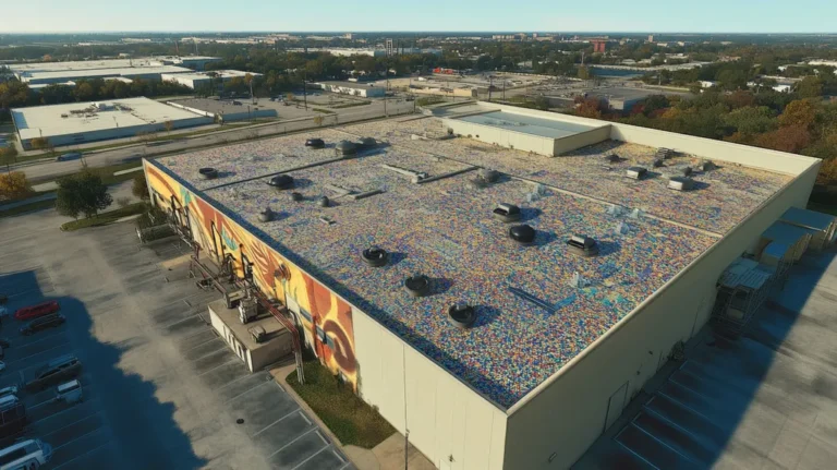 A commercial roof on a factory in a location similar to Dallas with a mosaic tile art aesthetic (AI image)
