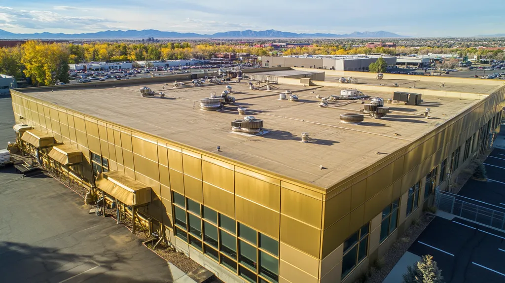 A commercial roof on a factory in a location similar to Denver with a solid gold aesthetic (AI image)