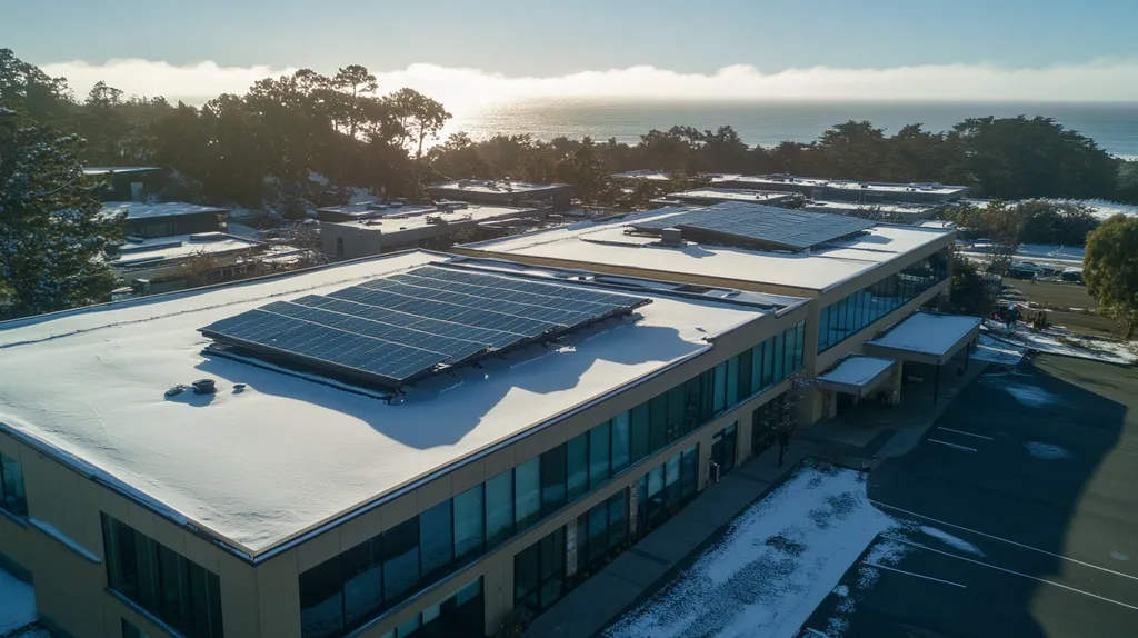 A commercial roof on a fitness gym in a location similar to Big Sur with a snowy day aesthetic (AI image)