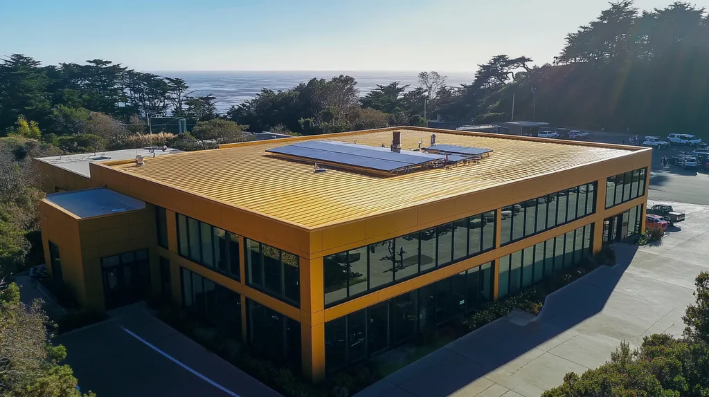 A commercial roof on a fitness gym in a location similar to Big Sur with a solid gold aesthetic (AI image)