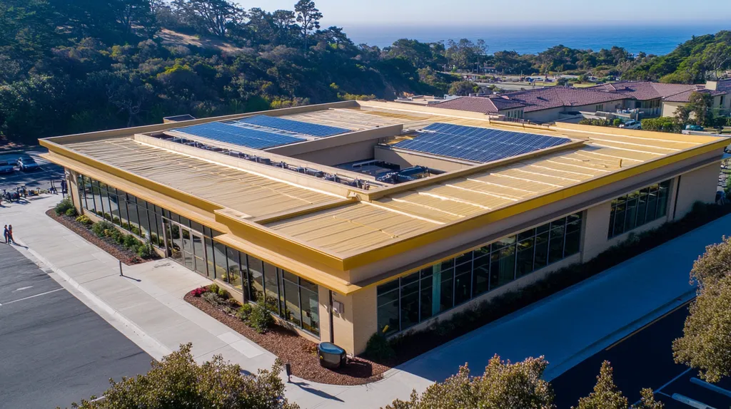 A commercial roof on a fitness gym in a location similar to Big Sur with a solid gold aesthetic (AI image)
