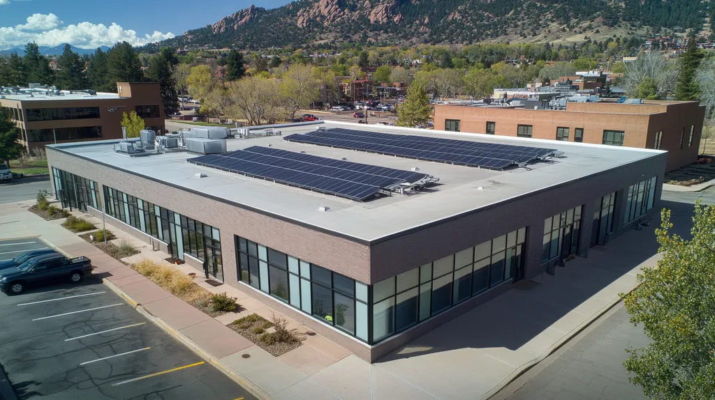 A commercial roof on a fitness gym in a location similar to Boulder with an architectural photography aesthetic (AI image)