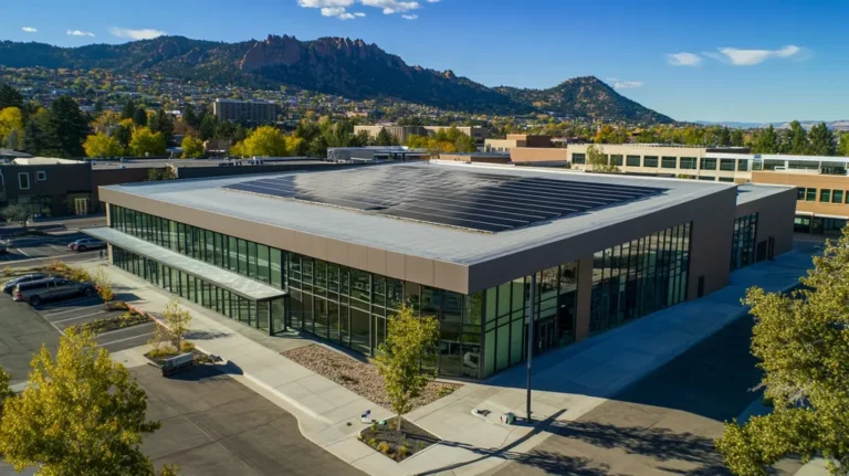 A commercial roof on a fitness gym in a location similar to Boulder with an architectural photography aesthetic (AI image)