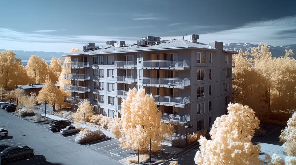 A commercial roof on high-rise apartments in a location similar to Lake Tahoe with an infrared photography aesthetic (AI image)