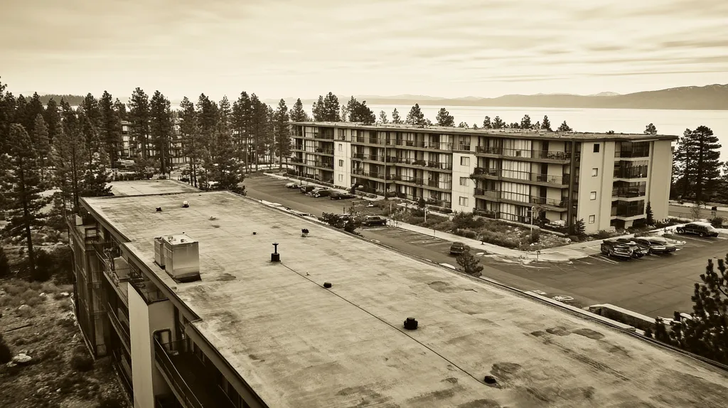 A commercial roof on high-rise apartments in a location similar to Lake Tahoe with a tintype aesthetic (AI image)