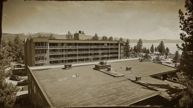 A commercial roof on high-rise apartments in a location similar to Lake Tahoe with a tintype aesthetic (AI image)