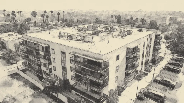 A commercial roof on high-rise apartments in a location similar to Los Angeles with a charcoal sketch aesthetic (AI image)