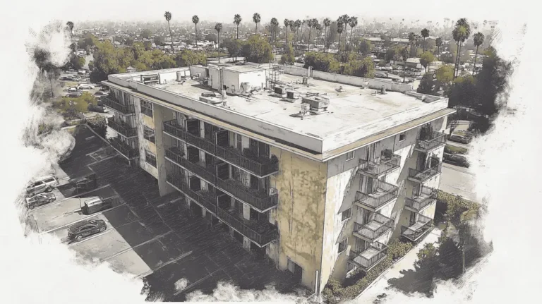 A commercial roof on high-rise apartments in a location similar to Los Angeles with a charcoal sketch aesthetic (AI image)