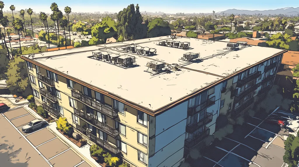 A commercial roof on high-rise apartments in a location similar to Los Angeles with a comic book style aesthetic (AI image)