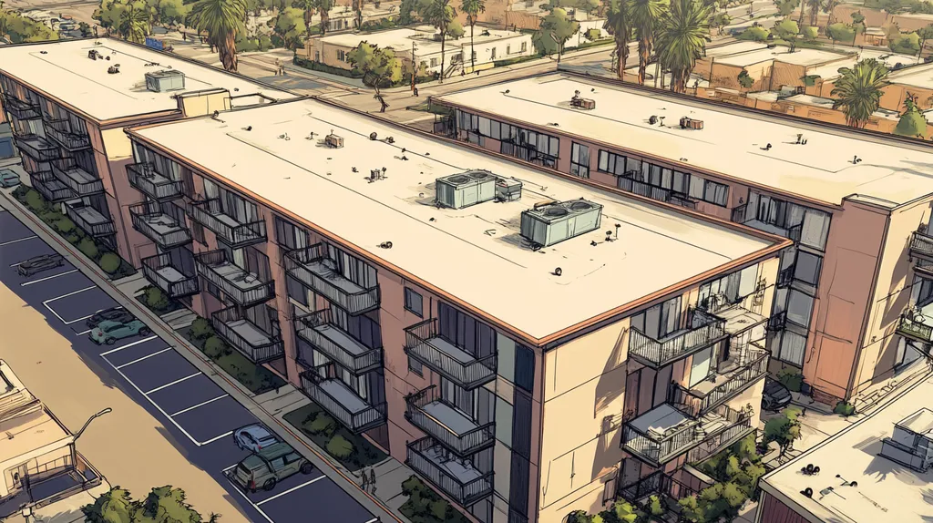 A commercial roof on high-rise apartments in a location similar to Los Angeles with a comic book style aesthetic (AI image)