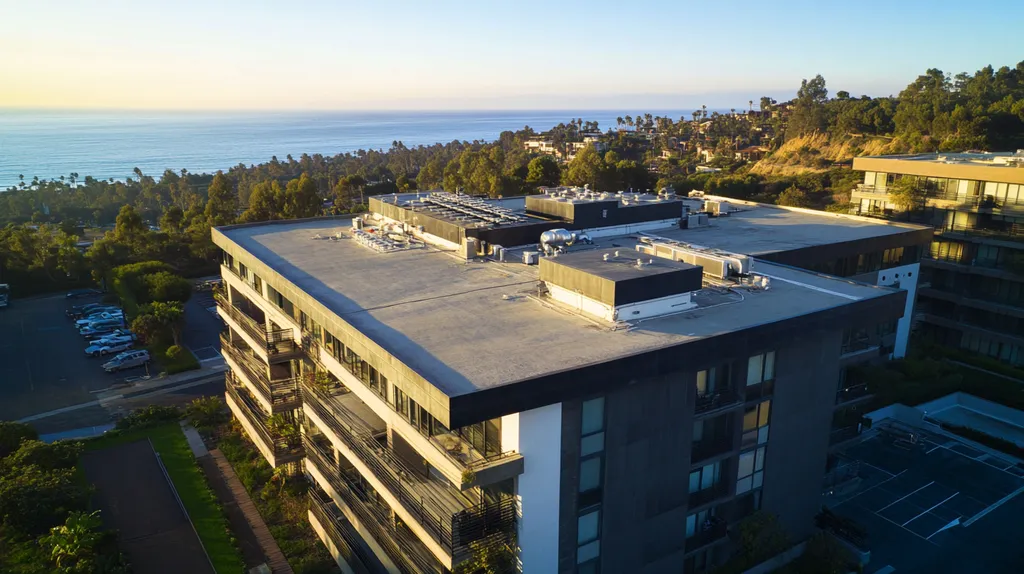 A commercial roof on high-rise apartments in a location similar to Malibu with an architectural photography aesthetic (AI image)