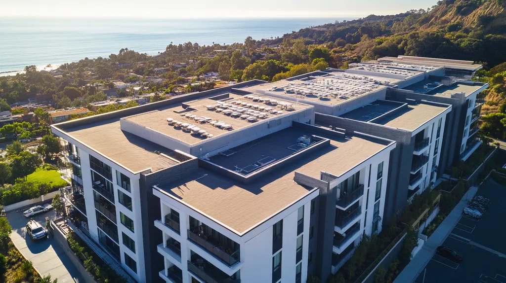 A commercial roof on high-rise apartments in a location similar to Malibu with an architectural photography aesthetic (AI image)