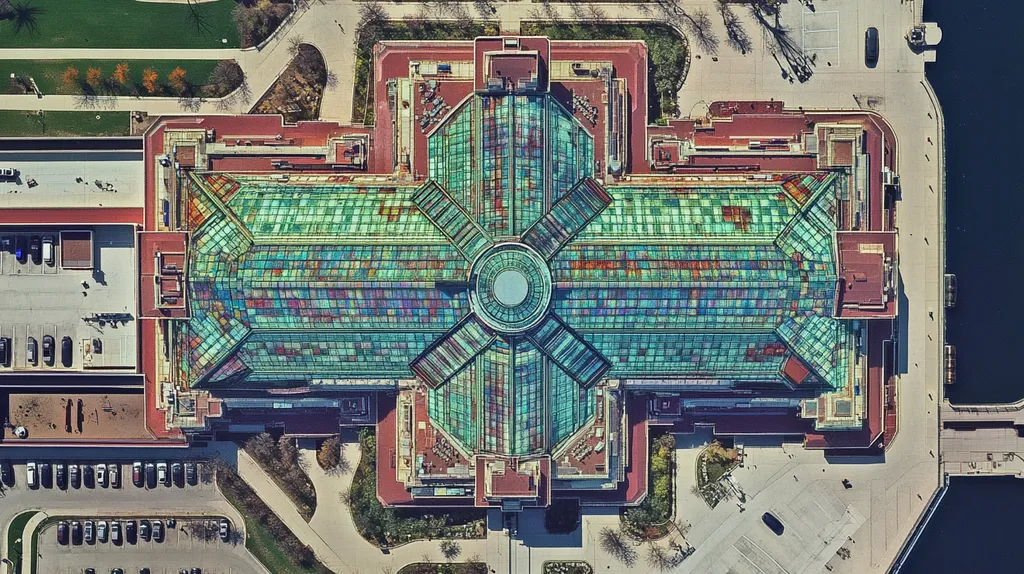 A commercial roof on a hospital in a location similar to Chicago with a stained glass style aesthetic (AI image)