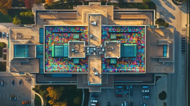 A commercial roof on a hospital in a location similar to Chicago with a stained glass style aesthetic (AI image)