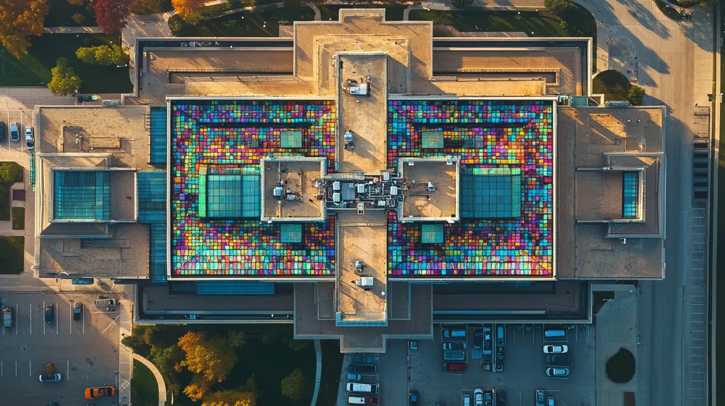 A commercial roof on a hospital in a location similar to Chicago with a stained glass style aesthetic (AI image)