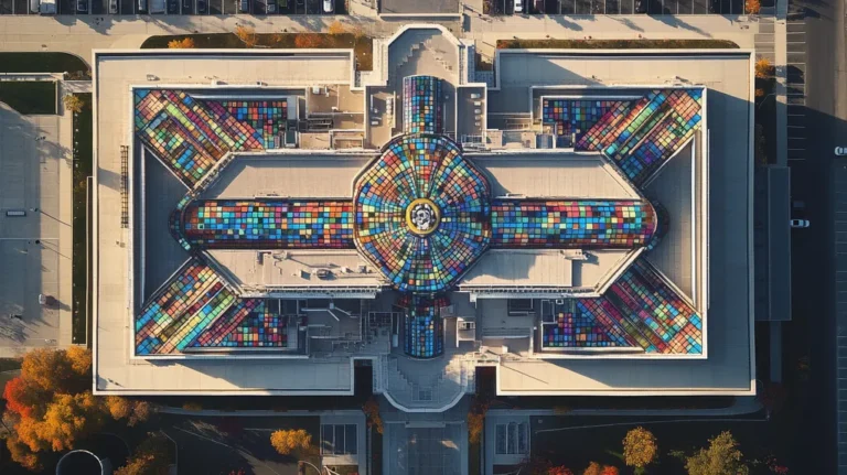 A commercial roof on a hospital in a location similar to Chicago with a stained glass style aesthetic (AI image)