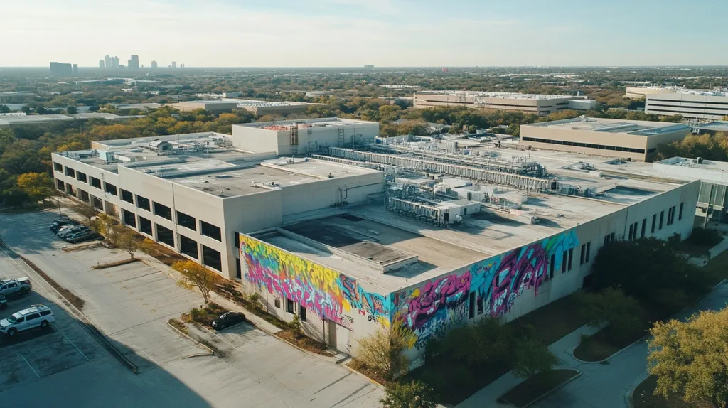 A commercial roof on a hospital in a location similar to Dallas with a graffiti mural aesthetic (AI image)