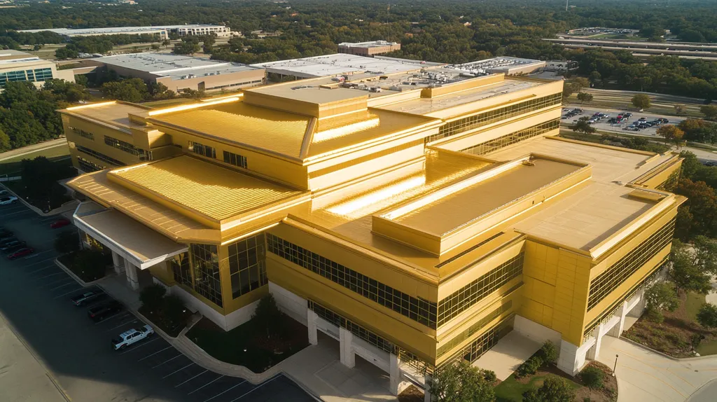 A commercial roof on a hospital in a location similar to Dallas with a solid gold aesthetic (AI image)