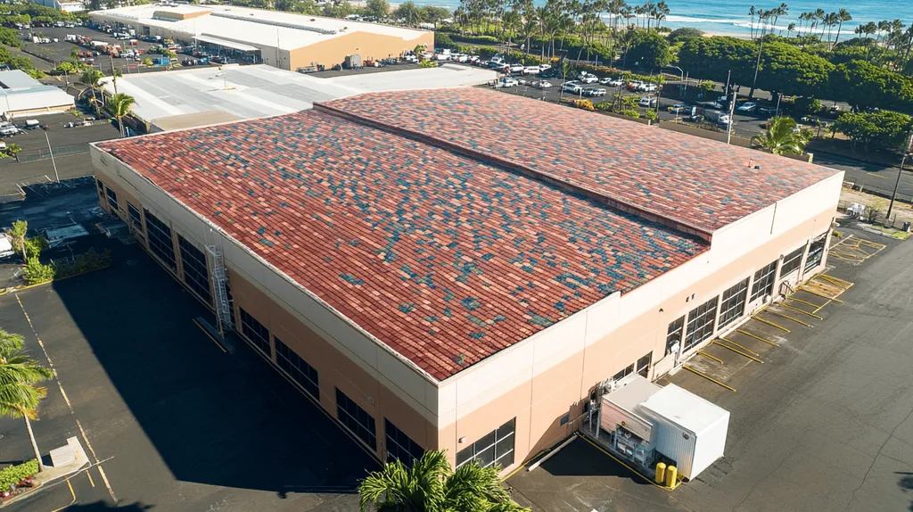 A commercial roof on a manufacturing plant in a location similar to Honolulu with a mosaic tile art aesthetic (AI image)