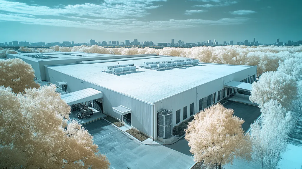 A commercial roof on a manufacturing plant in a location similar to Houston with an infrared photography aesthetic (AI image)