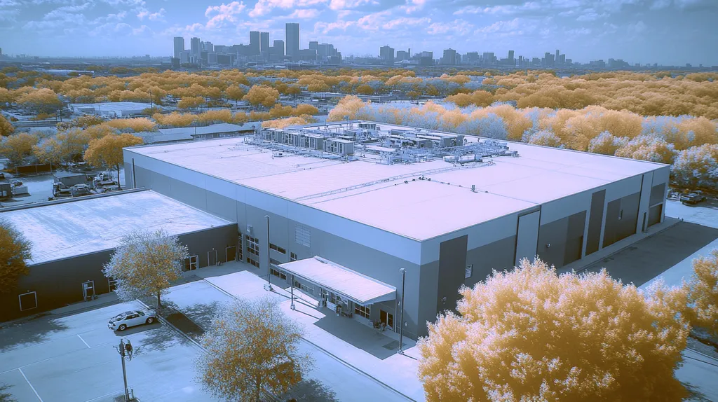 A commercial roof on a manufacturing plant in a location similar to Houston with an infrared photography aesthetic (AI image)