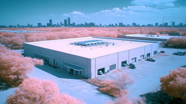 A commercial roof on a manufacturing plant in a location similar to Houston with an infrared photography aesthetic (AI image)
