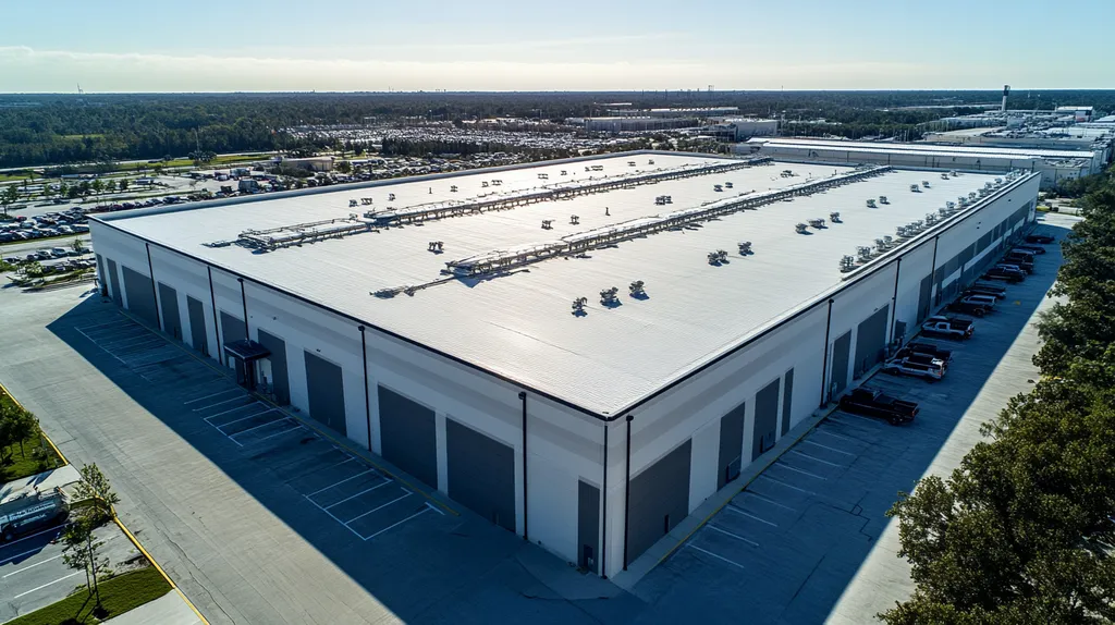 A commercial roof on a manufacturing plant in a location similar to Jacksonville with an architectural photography aesthetic (AI image)