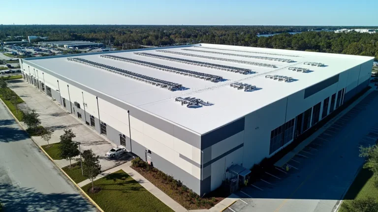 A commercial roof on a manufacturing plant in a location similar to Jacksonville with an architectural photography aesthetic (AI image)