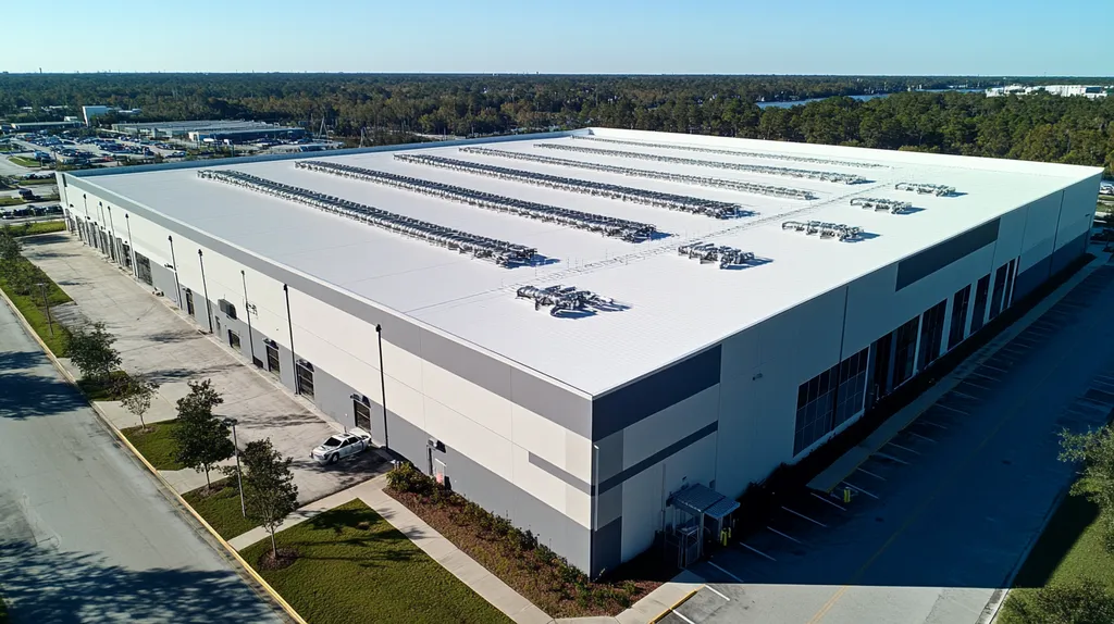 A commercial roof on a manufacturing plant in a location similar to Jacksonville with an architectural photography aesthetic (AI image)
