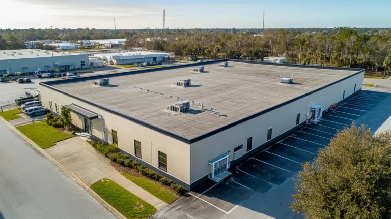 A commercial roof on a manufacturing plant in a location similar to Jacksonville with a color highlight aesthetic (AI image)