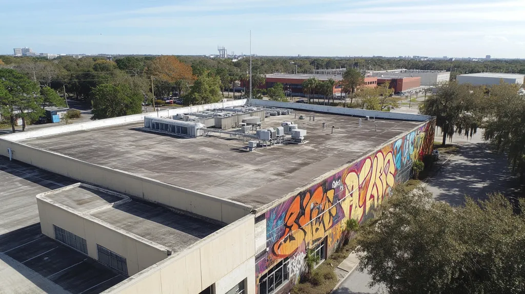 A commercial roof on a manufacturing plant in a location similar to Jacksonville with a graffiti mural aesthetic (AI image)
