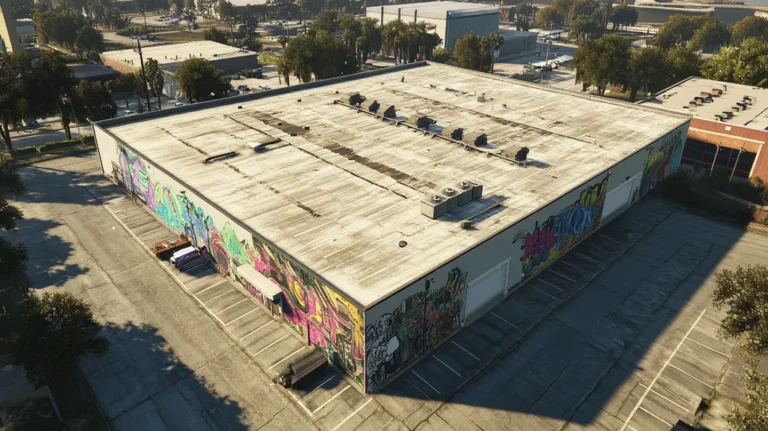 A commercial roof on a manufacturing plant in a location similar to Jacksonville with a graffiti mural aesthetic (AI image)