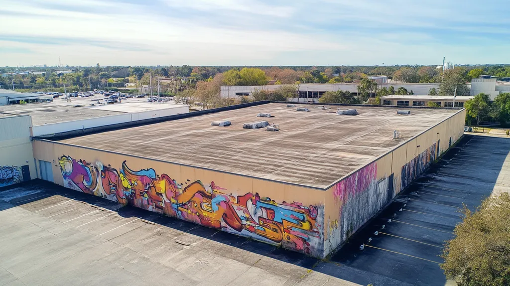 A commercial roof on a manufacturing plant in a location similar to Jacksonville with a graffiti mural aesthetic (AI image)