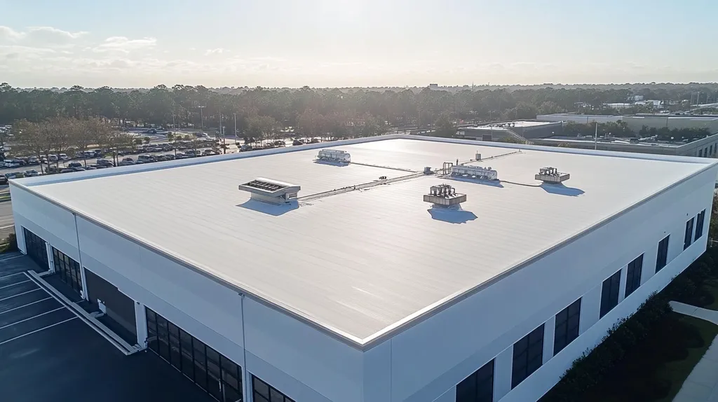 A commercial roof on a manufacturing plant in a location similar to Jacksonville with a light beams aesthetic (AI image)