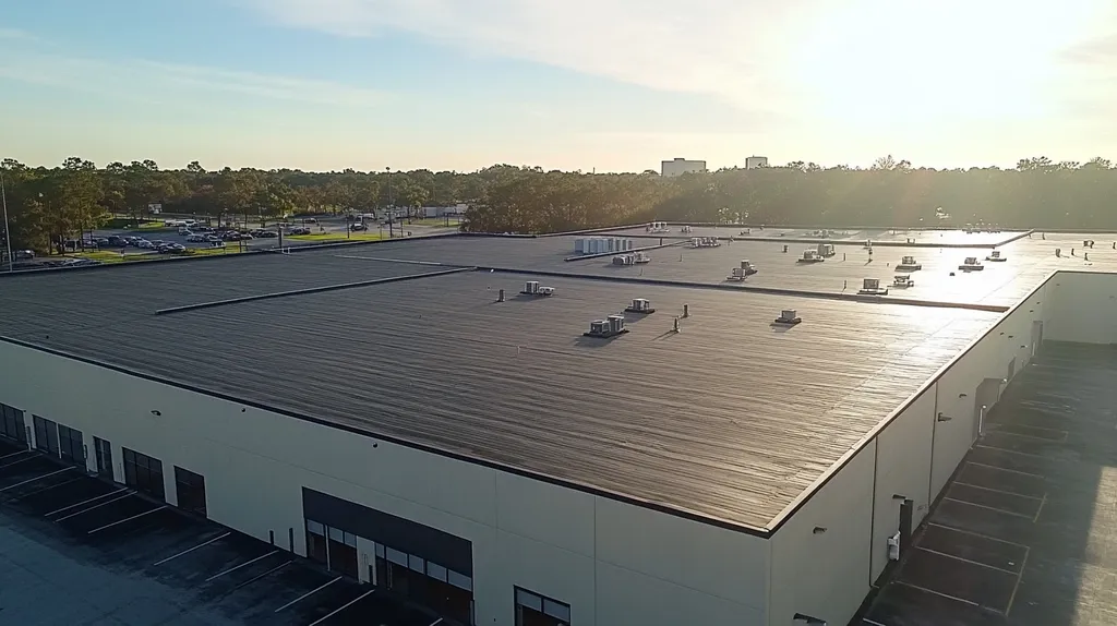 A commercial roof on a manufacturing plant in a location similar to Jacksonville with a light beams aesthetic (AI image)