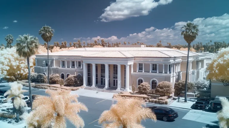 A commercial roof on a mid-rise in a location similar to Beverly Hills with an infrared photography aesthetic (AI image)
