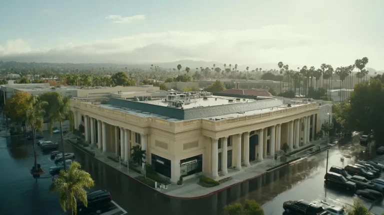 A commercial roof on a mid-rise in a location similar to Beverly Hills with a rainy day aesthetic (AI image)