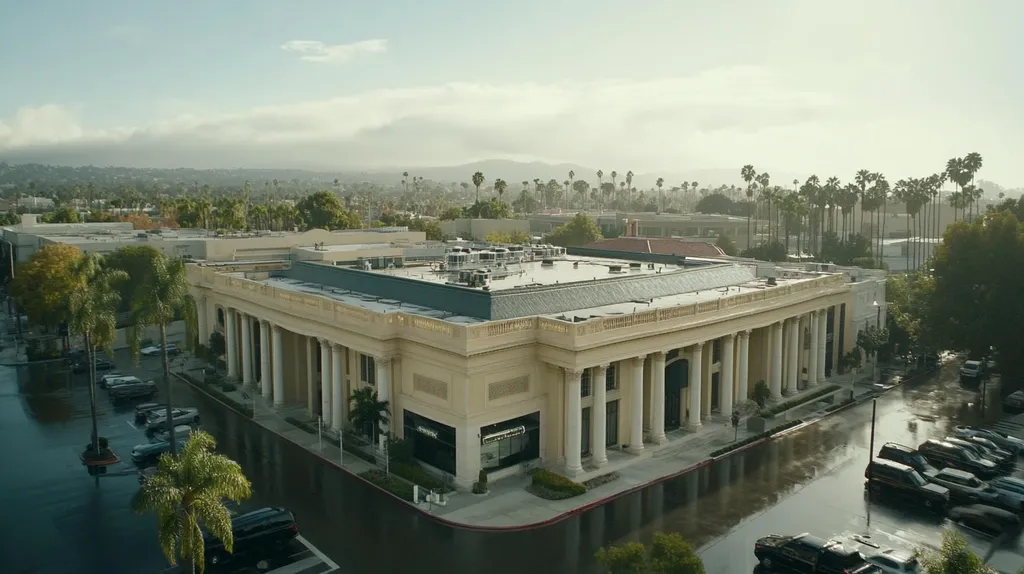 A commercial roof on a mid-rise in a location similar to Beverly Hills with a rainy day aesthetic (AI image)
