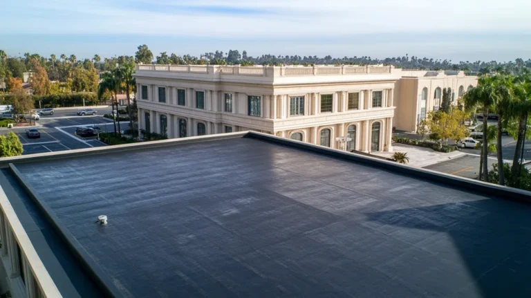 A commercial roof on a mid-rise in a location similar to Beverly Hills with a rainy day aesthetic (AI image)