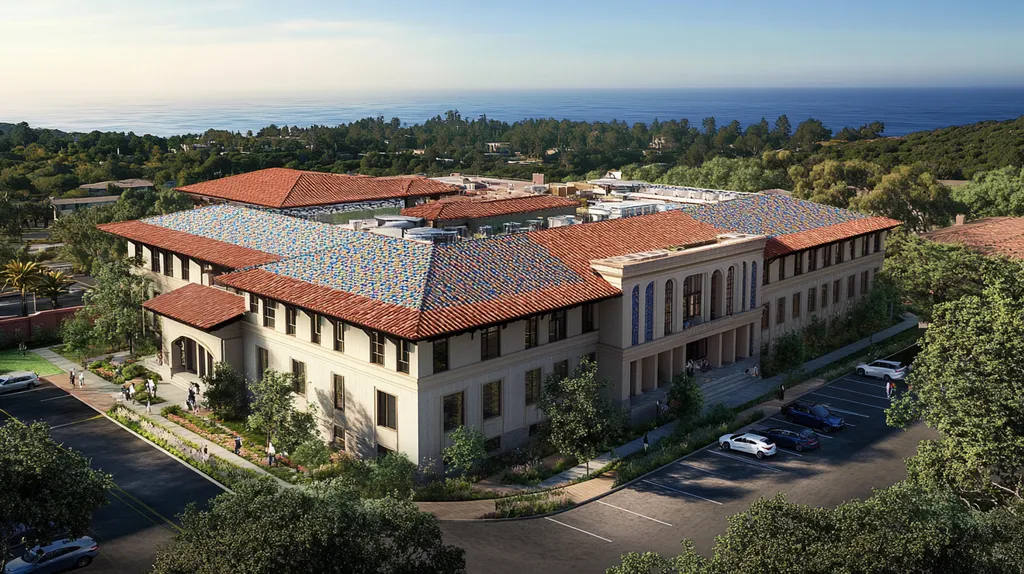 A commercial roof on a mid-rise in a location similar to Big Sur with a mosaic tile art aesthetic (AI image)