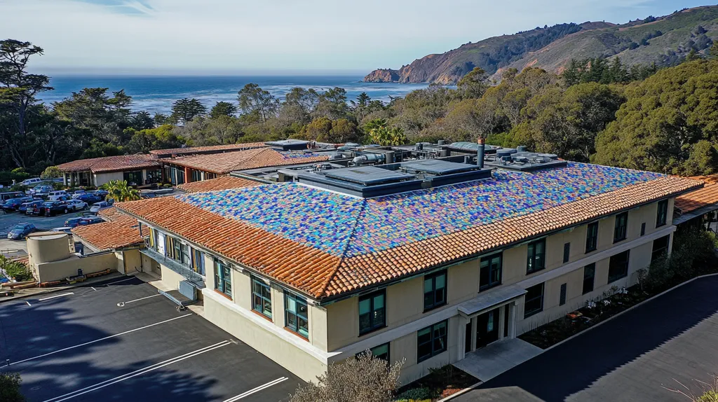 A commercial roof on a mid-rise in a location similar to Big Sur with a mosaic tile art aesthetic (AI image)