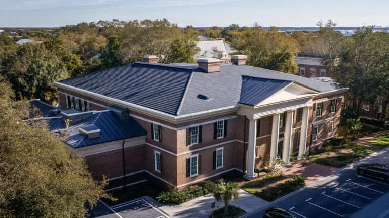 A commercial roof on a mid-rise in a location similar to Charleston with an architectural photography aesthetic (AI image)