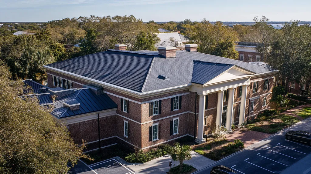A commercial roof on a mid-rise in a location similar to Charleston with an architectural photography aesthetic (AI image)